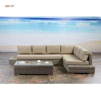 Ensemble de meubles de jardin de luxe BHR pour cour extérieure, 1 canapé d'angle + 1 canapé sans accoudoirs + 1 table basse, en rotin et aluminium modernes