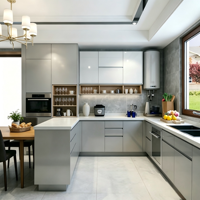 Ensemble de meubles de cuisine gris et blanc, modernes, modulaires, sans poignées, écologiques, ignifuges, avec éclairage LED intégré et système de rangement pour garde-manger