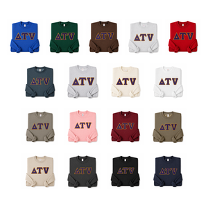 Sweat-shirt à col rond en chenille avec lettres grecques brodées sur mesure, bordure or violet, trois lettres pour la fraternité, la sororité, l'esprit universitaire - Product Image 1