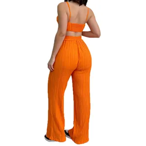 High quality summer suits for women plain pleated design cropped top halter long wide leg pants two piece sexy set women