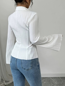 <strong>Plisse</strong> Texture Bell Sleeve Vintage Casual Shirt Elegant V Neck Button Blouse Regular Fit Solid Color Crinkle Fabric <strong>Top</strong> Office - Product Image 4