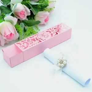 Caja de invitación de boda personalizada, cajas de invitación de desplazamiento de invitaciones cortadas con láser