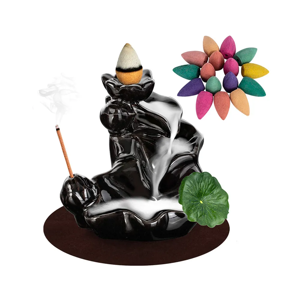 Waterfall Incense Holder Backflow Cone Ceramic Burner Handcrafted Porcelain Censer Inscent Stick Stand with 20 Free Cones