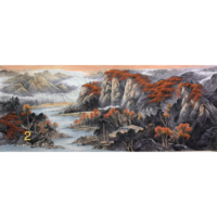 Peinture de paysage sur papier Xuan traditionnel chinois Shanshui, peinte à la main, de 367x144 cm, avec un thème forêt rouge et porte-bonheur