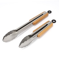 Pinces de service alimentaire écologiques à manche en bois, pinces à steak de cuisine, outils de barbecue en acier inoxydable 430 épaissi
