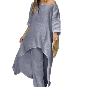 Ensemble deux pièces décontracté en coton et lin pour femme Nuo, pantalon large à manches longues et coupe irrégulière, motif uni numérique au dos - Product Image 4