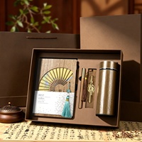 Ensemble cadeau d'affaires promotionnel personnalisé avec logo, comprenant un carnet en bois, un stylo, un marque-page et une tasse isotherme.