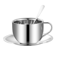 Ensemble de trois pièces personnalisé en acier inoxydable double couche, comprenant tasses à thé, soucoupes, tasses à café, cuillères et plateau