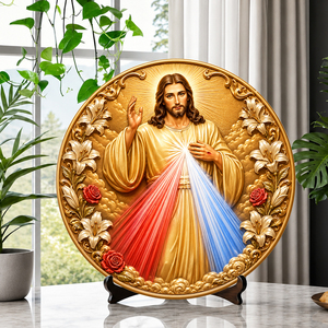 Nouveauté : Assiette Souvenir Religieuse Catholique en Résine 3D Embossée Sacré-Cœur de Jésus, Décoration Familiale pour la Maison avec Support en Bois - Product Image 4