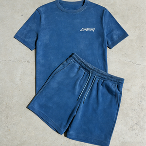 Setelan Kaos dan Celana Pendek Oversize 2 Potong, Gaya Y2K Streetwear Kasual Musim Panas, Warna Biru - Product Image 3