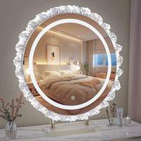 Miroir de maquillage LED rond décoratif avec bordure en cristal en forme de pétale, 3 couleurs, variateur d'intensité, commande tactile, miroir de vanité rotatif avec support