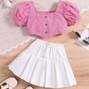 Conjunto de 2 Piezas para Niñas, Top Corto con Mangas Abullonadas a Cuadros y Falda Plisada, <span class=keywords><strong>Ropa</strong></span> de Verano para Niños, Venta al Por Mayor, Compatible con OEM y ODM - Product Image 6