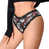 Celana dalam Bikini Halloween wanita seksi bertepi renda tengkorak Gotik gelap dipersonalisasi Anti bakteri pinggang rendah