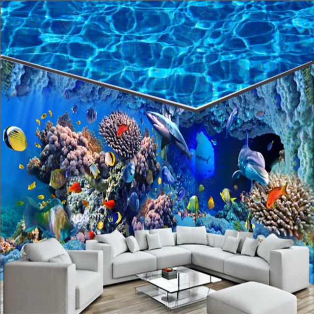 3Dwall Adhesive Sticker Watercolor Style Blue Sea Underwater World Dolphin Ceiling Roof Mural 3D Mural Wallpaper