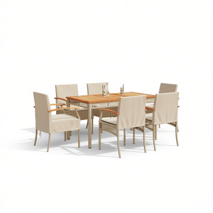 Ensemble de salle à manger de jardin moyen en polyrotin beige avec housses amovibles, 6 places, mobilier d'extérieur, style contemporain, plateau en teck - Product Image 1