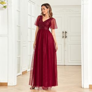 Robe de mariée élégante pour femme, nouvelle collection, col en V, rouge vin, patchwork en maille, sequins, manches courtes - Product Image 6