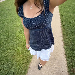 Camiseta de manga corta con estampado de lunares para mujer, top de punto con corte en A, informal, de verano, a la moda. - Product Image 6