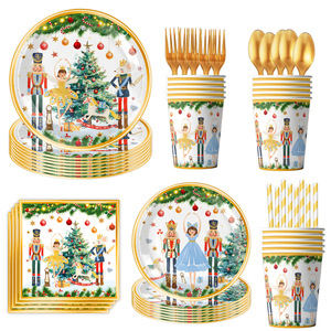 Ensemble de vaisselle pour fête de Noël Casse-Noisette Blanc, comprenant un gobelet de 90 oz, une assiette de 9 pouces, une assiette de 7 pouces, une serviette de 6,5 pouces et des couverts dorés - Product Image 4