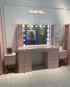 Grande coiffeuse avec miroir et éclairage LED rose, avec armoire de rangement pour la chambre à coucher - Product Image 5