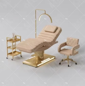 Lit de beauté moderne en tissu rouge pour salon, base dorée de luxe, mobilier de salon, lit cosmétique pour cils avec chariot - Product Image 4