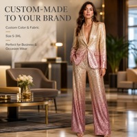 Ensemble de blazer et pantalon à sequins or rose poudré personnalisé pour femme, taille haute, jambe large, tenue de soirée de luxe, vente en gros