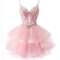 Robe de soirée rose en tulle à bretelles spaghetti, avec appliques en dentelle, courte, à volants étagés, pour bal de promo et fêtes, pour femme
