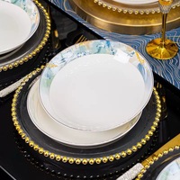 Service de table en porcelaine artistique bleu et or, motif paysage montagne et eau peint à la main, bordure dorée, vaisselle de luxe en porcelaine fine