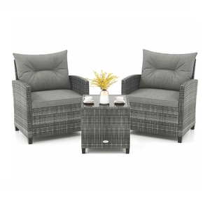 Ensemble de meubles de patio en rotin gris moderne 3 pièces, ensemble de conversation de type bistrot avec coussins épais pour l'extérieur - Product Image 1