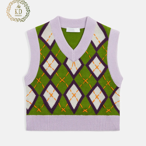 KD Knitwear Manufacturer Custom OEM ODM Jacquard Applique Knit Undershirt Plaid Sleeveless <strong>Argyle</strong> Women <strong>Sweater</strong> <strong>Vest</strong> - Product Image 1