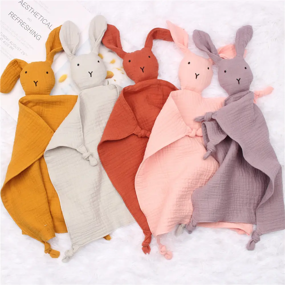Manta de juguete de muselina de algodón orgánico, edredón para dormir para bebé con forma de conejo y nudo encantador