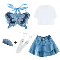 Costumes de danse jazz pour filles, haut court à bretelles papillon, short en jean bleu délavé, jambières, chapeau, vêtements de scène pour enfants