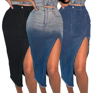 Nuova moda donna gonna lunga con spacco in Denim abito con cerniera a forma di matita retrò vita alta da ragazza tinta unita gonna lunga Casual Midi