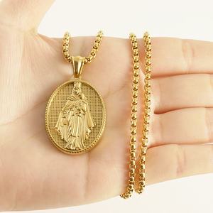 18K金メッキステンレス鋼オーバルエンボス宗教ペンダントネックレス キリスト教ヴィンテージユニセックスデイリーウェアホリデーギフト - Product Image 4