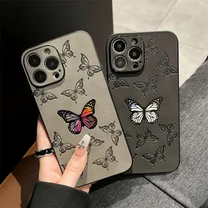 Capa de couro PU para celular iphone 11 12 13 14 15 lente protetora de borboleta para iphone 6/7/8/xr/xs