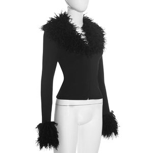 Viviblook Y26TP385 T-shirt décontracté à manches longues pour femme, nouveau modèle uni avec col en fourrure, fermeture éclair et pompons - Product Image 4