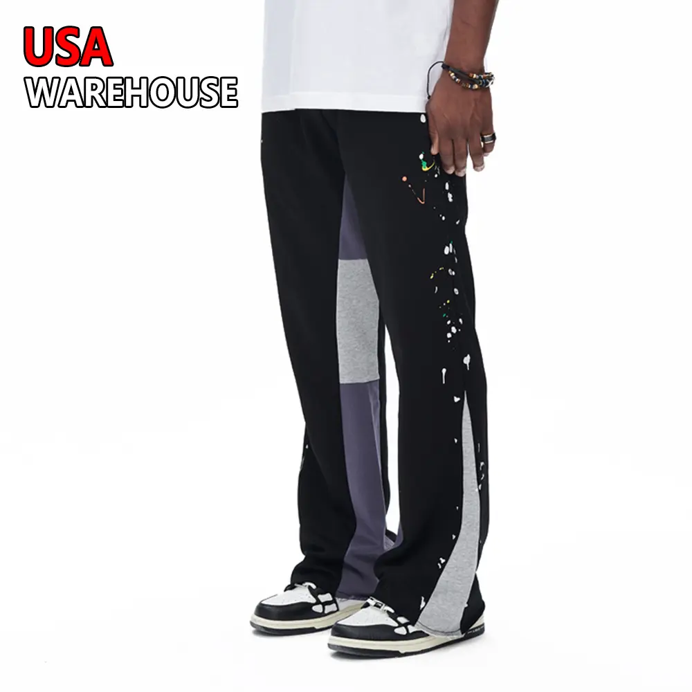 US Warehouse Flare Pantalon de survêtement Hommes Lâche Patchwork Casual Pantalon de survêtement empilé Pantalon de survêtement évasé