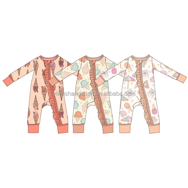 Hot Selling Zomer Stijl Custom Patroon Print Kids Ruche Romper Bamboe Viscose Gevouwen Handen Voeten Baby Meisjes Slapen Pyjama