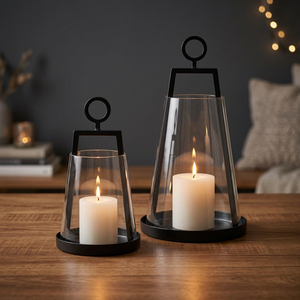 <b>Black</b> <b>Metal</b> and Glass <b>Candle</b> Lantern <b>Holder</b> Set Decorative Hurricane <b>Candle</b> <b>Holders</b> with Round Handle Modern Table Centerpiece - Product Image 3