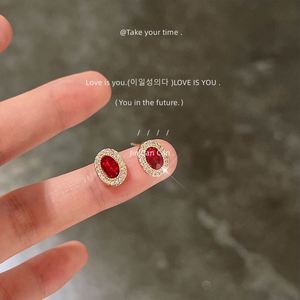 Light Luxury Brass Shiny Oval Red Zircon <b>Stud</b> <b>Earrings</b> S925 Silver Needle 14K Gold Tiny Zircon <b>Earrings</b> for Women - Product Image 4