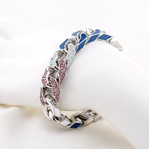 สร้อยข้อมือคิวบาผู้ชาย ไทเทเนียมสตีล ประดับเพชรเคลือบสีน้ำเงิน ดีไซน์เรขาคณิต ขนาด 18 ซม. 20 ซม. ของขวัญ เครื่องประดับ - Product Image 3