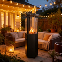 Chauffe-terrasse moderne en verre à flamme, chauffage extérieur au propane avec roues pour jardin, patio, cour et fêtes