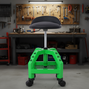 Siège roulant pneumatique vert avec roulettes pour mécaniciens, siège d'atelier avec rangement d'outils - Product Image 2