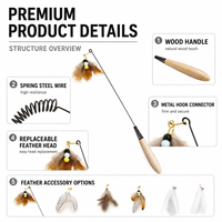 Baguette à plumes pour chat avec manche en bois, ressort en fil d'acier, tête remplaçable, OEM ODM, commandes en gros, jouets interactifs pour animaux de compagnie