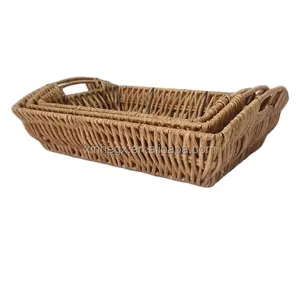 XH Set Of 3 Handwoven Decorative Organizer Durable Wicker Polyrattan Food Grade Plastic Rattan Trays Food Storage Basket