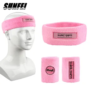 SUNFEI personnalisé coton sport sueur bandeaux tissu éponge extensible athlétique bandeaux ensemble basket-ball Tennis bracelets