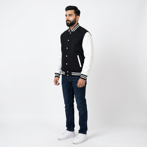 Vestes de sport universitaires sur mesure de qualité supérieure, bleu marine, corps en laine, manches en cuir blanc - Product Image 1