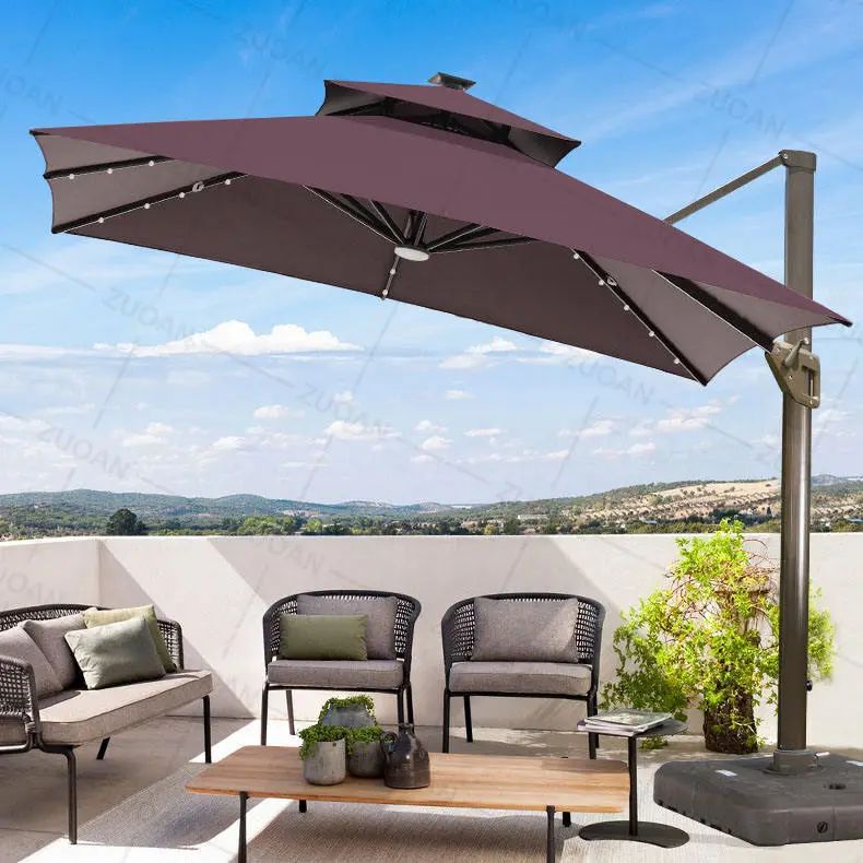 2023 heavy duty outdoor garden sunshade parasol manual lift solar patio umbrella led lights