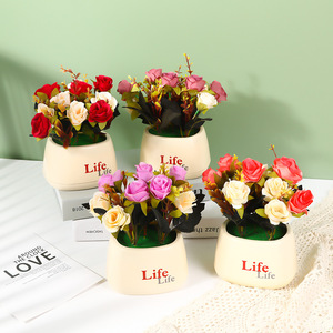 Plantes artificielles en pot Qi Xing, roses, 22 cm, fleurs en soie réalistes pour la décoration de la maison et des restaurants - Product Image 1