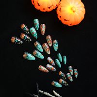 Vente en Gros Halloween Moyen Amande Faux Ongles Plein Doigt Citrouille Fantôme Chauve-Souris Conception Presse sur Ongles pour Femme