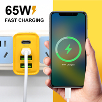 Adaptor seluler portabel mendukung 65W, aksesori pengisian cepat Multiport Usb kuning Tipe C colokan pengisi daya dinding